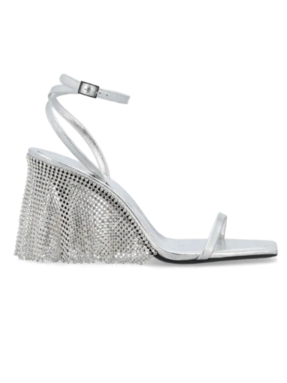 $725 KATE CATE Silver Square-Toed Rhinestone Mesh Ankle Strap Heels, size 6